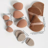 A set of twelve all-purpose makeup sponges in various shades of nude and tan, shown with dimension lines.