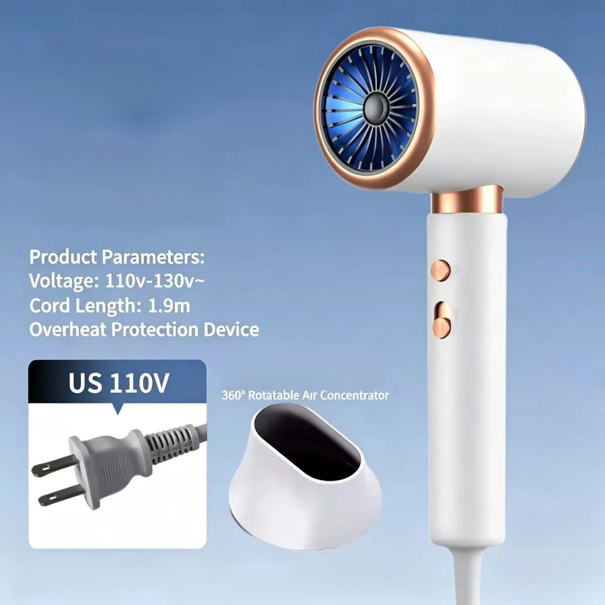 A white hair dryer with a rotating air concentrator nozzle and a cord, shown against a blue background.
