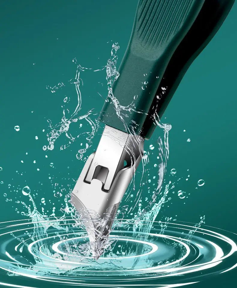 A close-up shot of a professional stainless steel nail clipper being used to cut a nail, creating water splashes on a teal ba