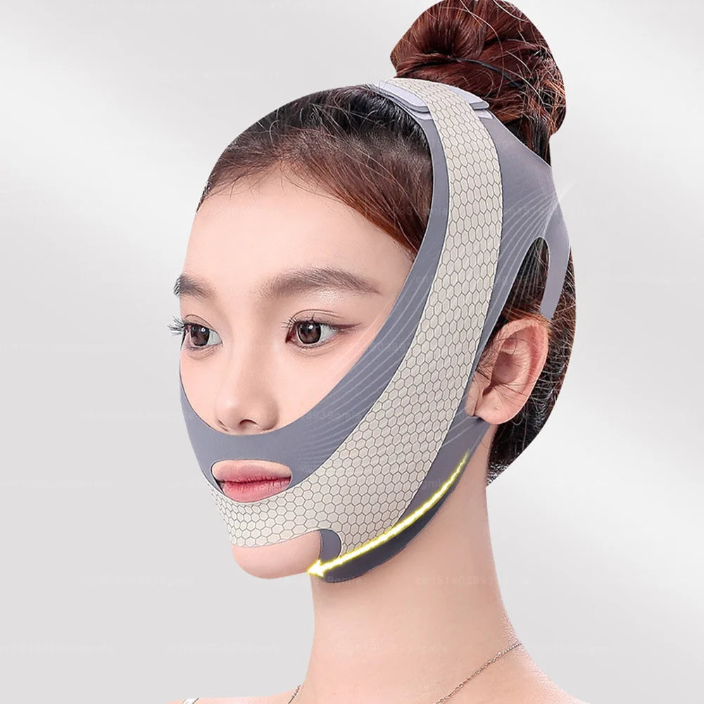 A woman wearing a gray V-Line face sculpting and slimming strap on her face.