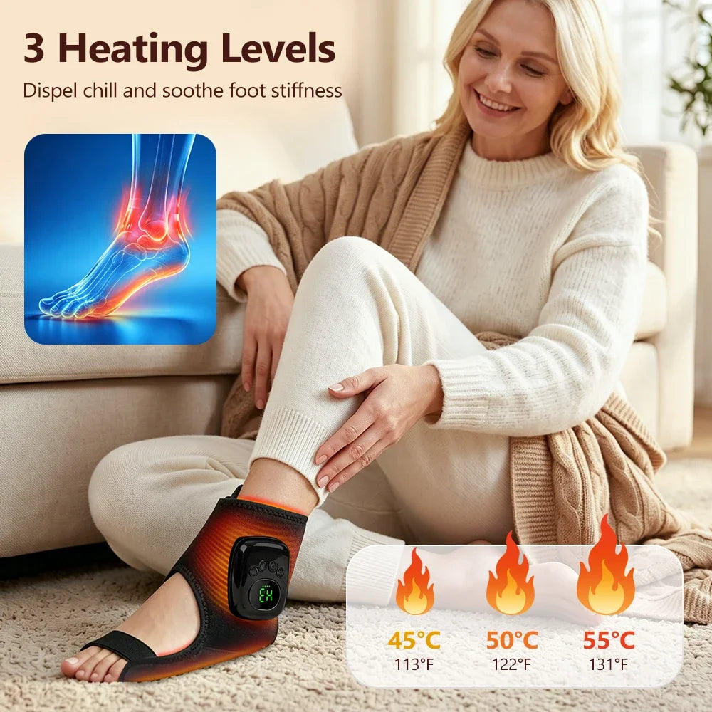 A woman is using a heated air compression ankle massager on her foot while sitting on a couch.