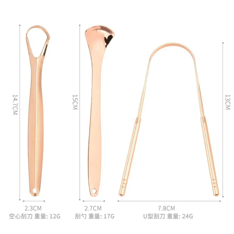 A set of rose gold stainless steel tongue scrapers for oral hygiene, showing different sizes and shapes.