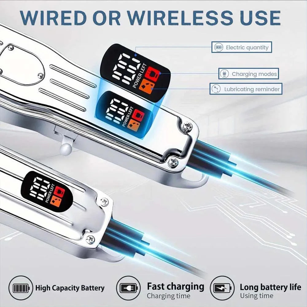 Close-up view of professional electric hair clippers showing various features like power level, charging modes, and battery l