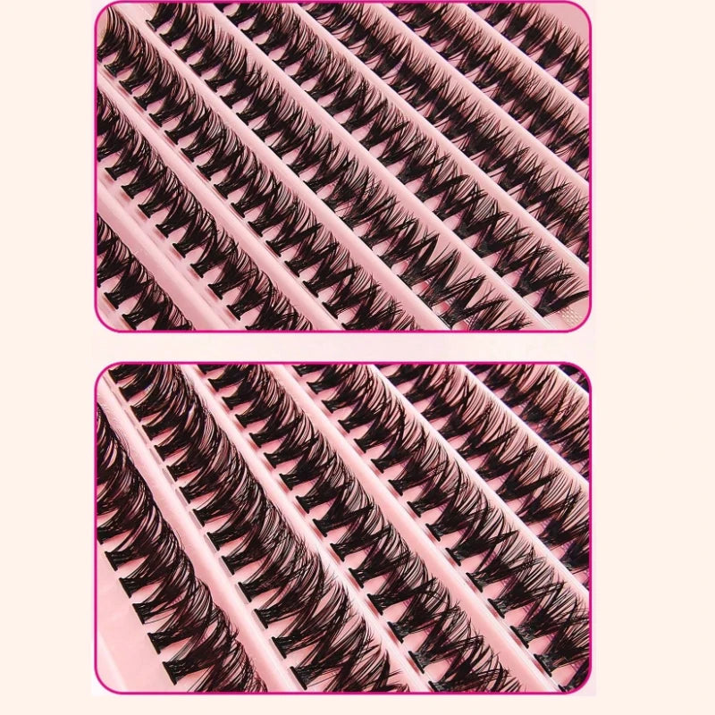 Gros plan d'un ensemble d'ongles à cils DIY fins montrant divers styles et couleurs de cils.