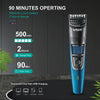 A blue VGR electric beard and hair trimmer is shown with battery life indicators and USB charging options.
