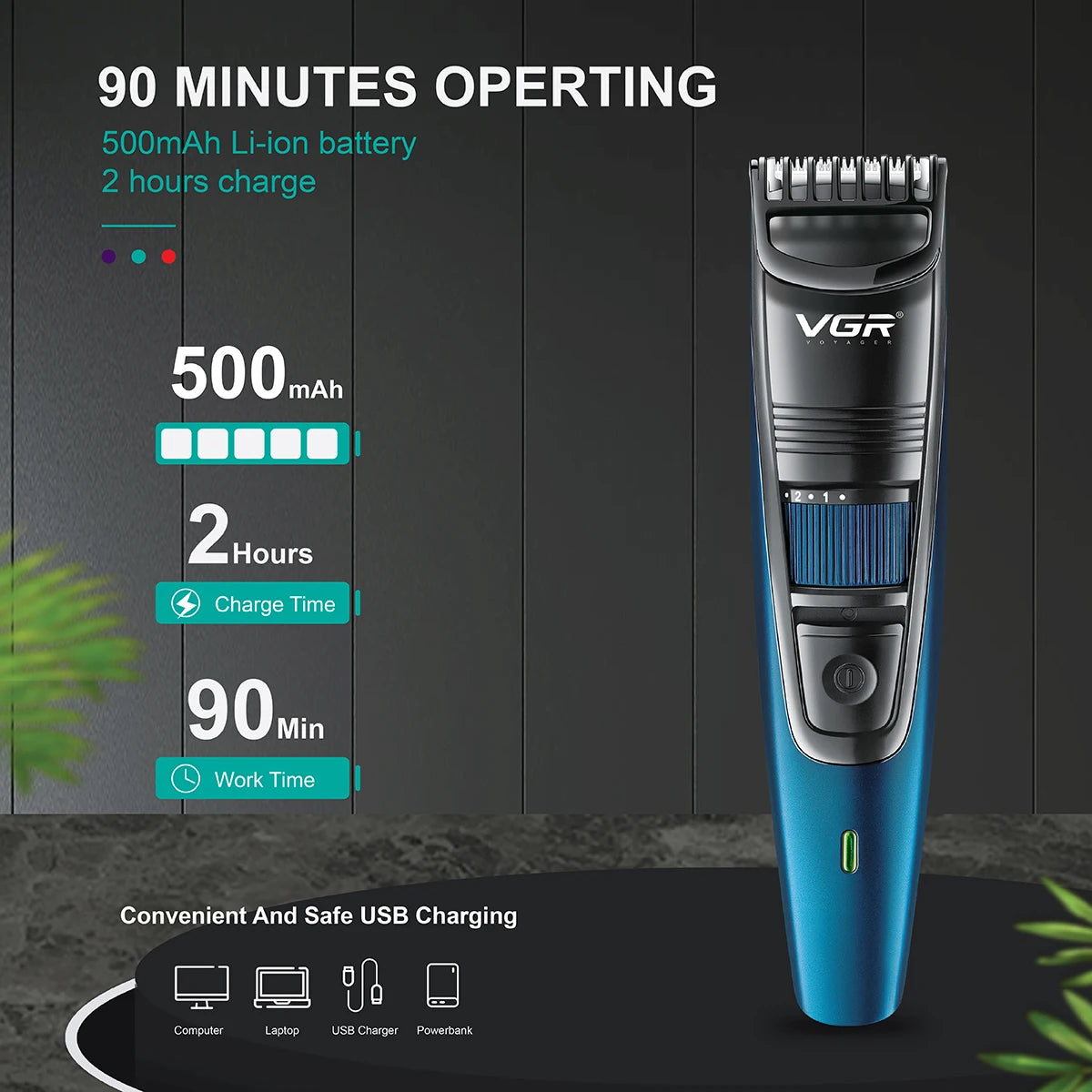 A blue VGR electric beard and hair trimmer is shown with battery life indicators and USB charging options.
