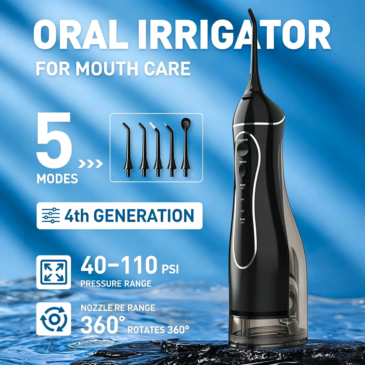 A black portable oral irrigator device is shown against a blue background with text indicating 5 modes and 4th generation tec
