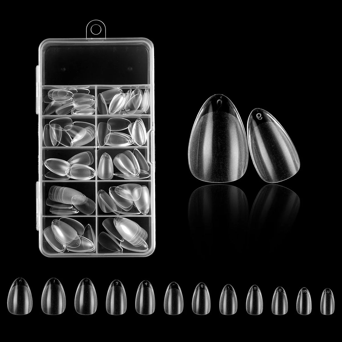 A collection of frosted French false nails with a natural finish displayed in an acrylic case and loose.