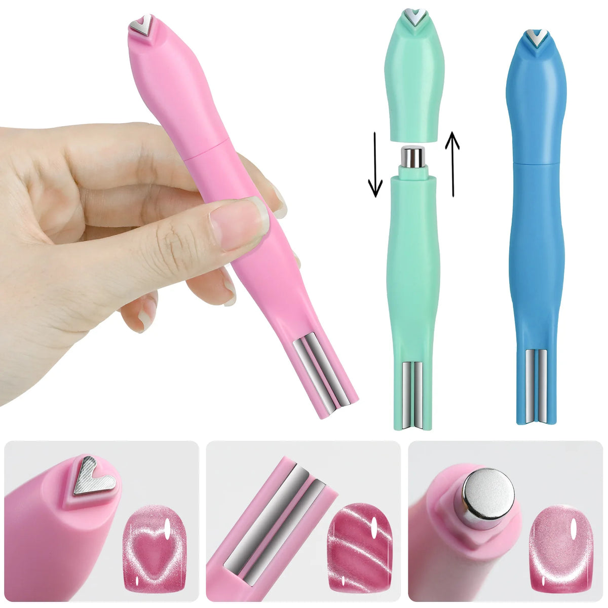 Un jeu de trois aimants à ongles roses et bleus avec une main, incluant diverses formes pour ongles cat-eye.