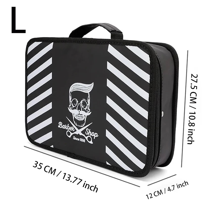 Black and white striped storage bag for professional barber tools