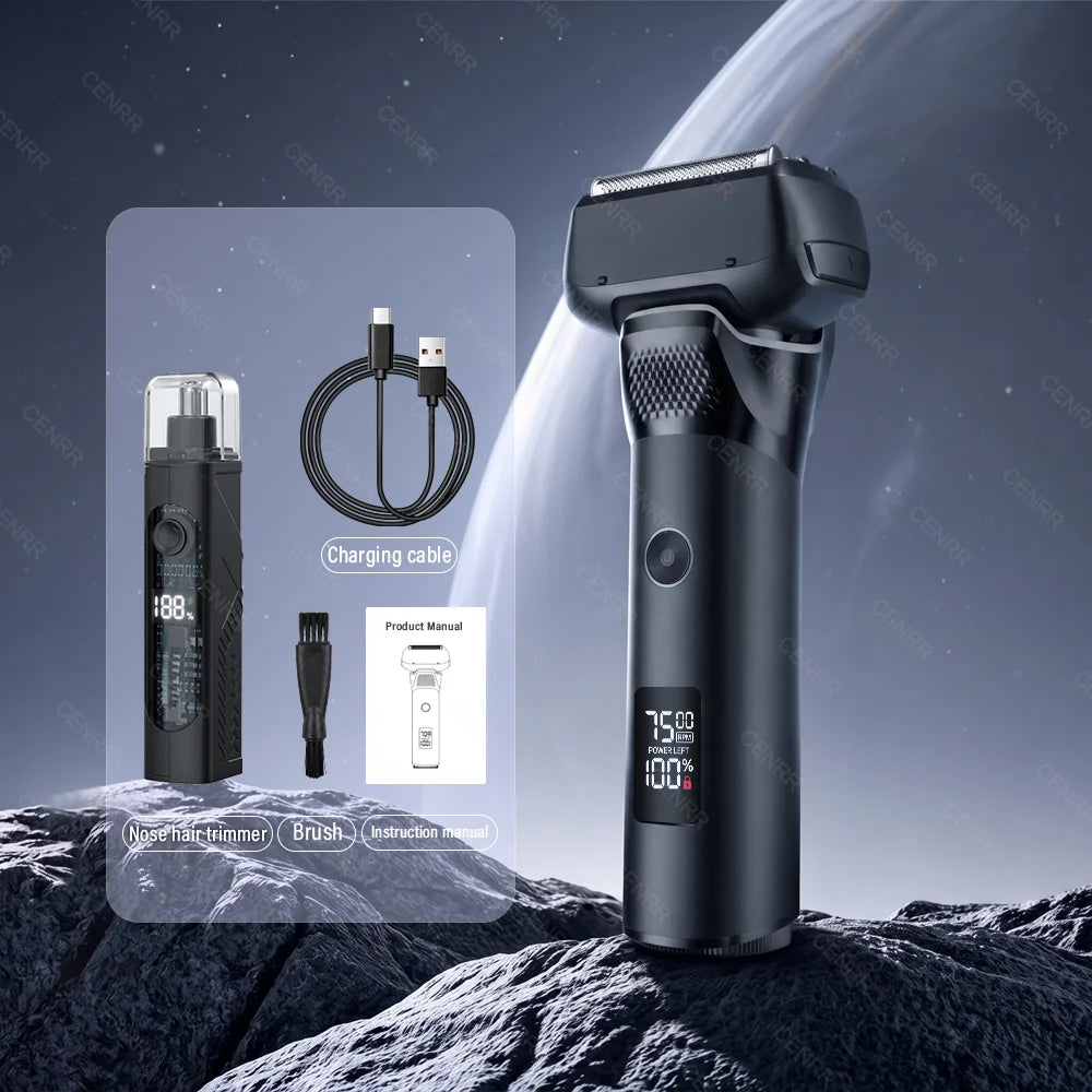 A black portable electric shaver is shown next to its charging cable and manual on a rocky surface.