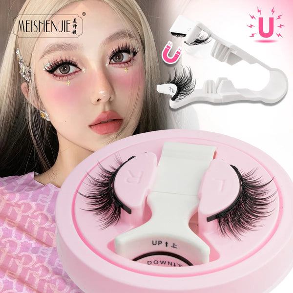 A pink magnetic mink false eyelashes set is shown next to a model's eye and an applicator tool.