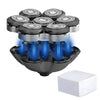 A black electric shaver head with multiple interchangeable shaving discs and floating blades shown next to its packaging box.