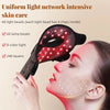A woman is using a black light therapy device with 60 light beads to treat her face.