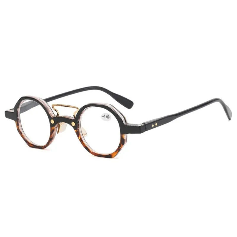 Lunettes de lecture rondes classiques avec des montures sombres et des verres ambrés