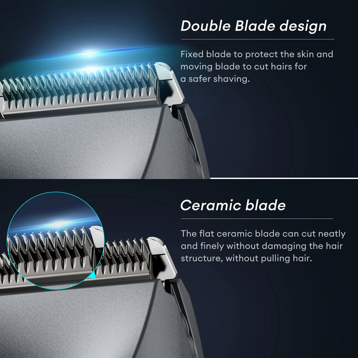 Close-up view of an electric body hair trimmer showing a double blade design and a flat ceramic blade.