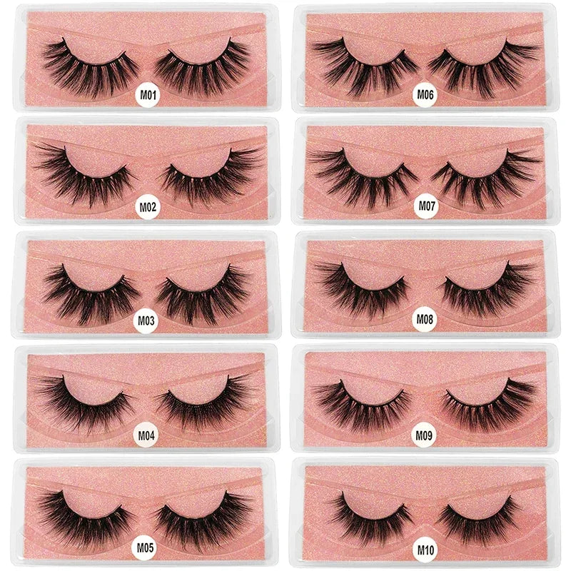 A grid showing ten pairs of pink mink false eyelashes labeled M01 through M10.