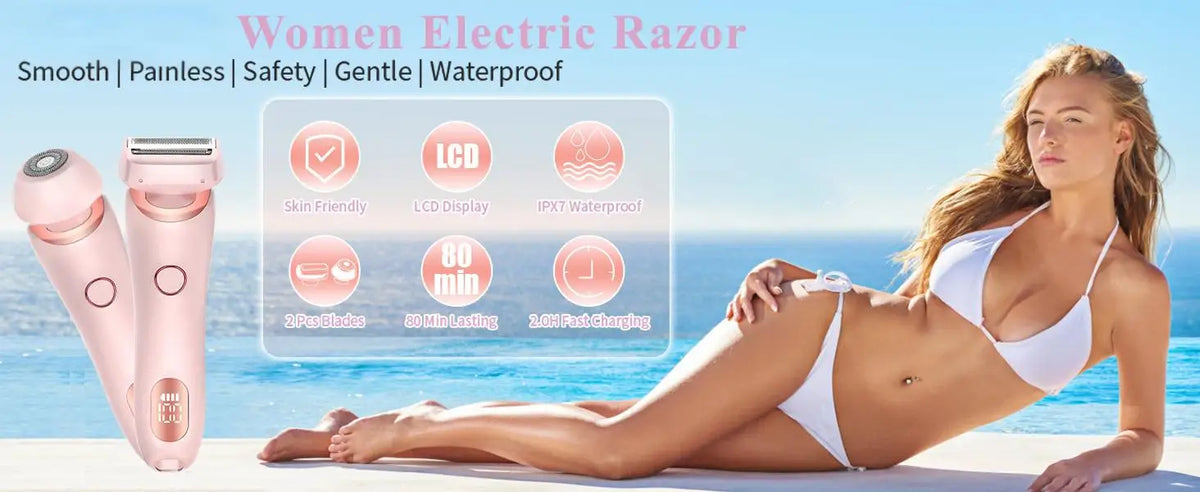 A woman is using a pink electric razor for hair removal on her leg while relaxing outdoors.