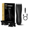 A black body hair trimmer kit includes a trimmer, blade, and charging cable displayed next to its packaging.