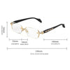 A pair of black retro frameless reading glasses with clear lenses and gold accents shown with dimensions.