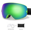 A pair of bright green sports goggles with a purple lens and a black strap, shown next to the inside frame and a storage bag.