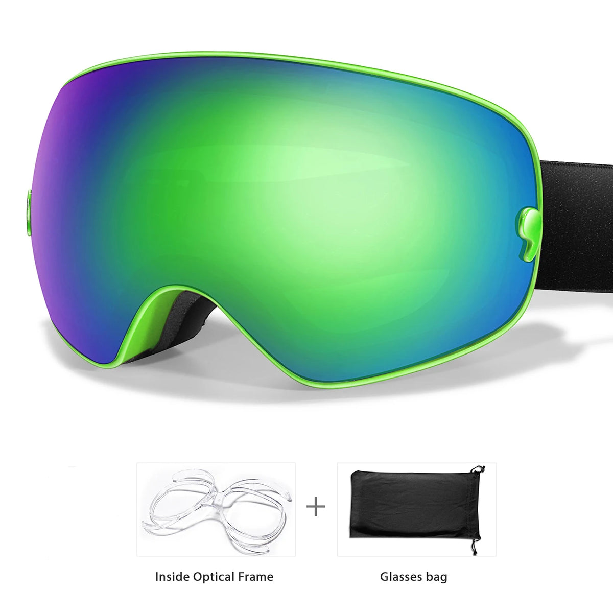 A pair of bright green sports goggles with a purple lens and a black strap, shown next to the inside frame and a storage bag.
