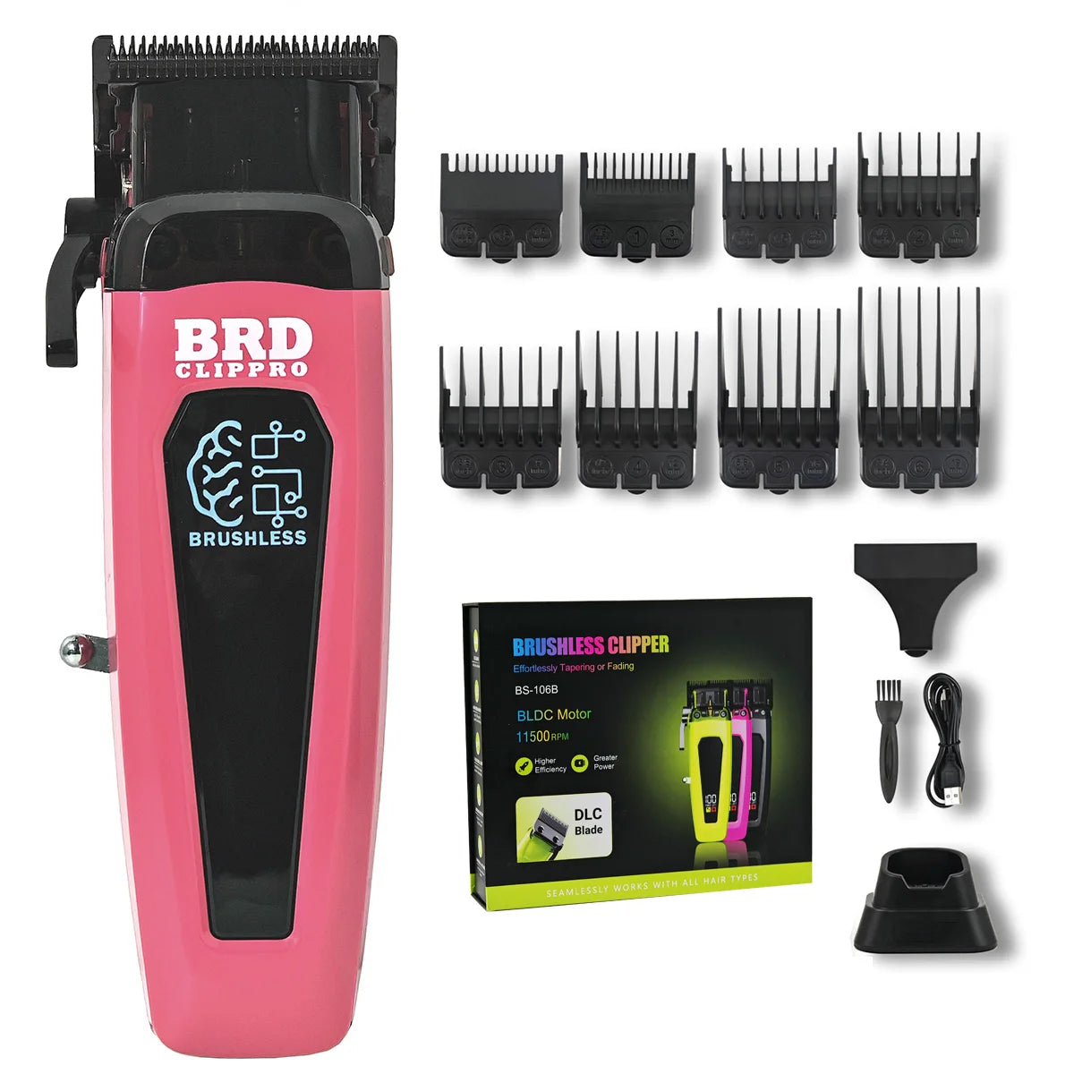 A pink professional brushless clipper kit showing the main unit and various blade attachments.