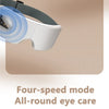A woman is using a white eye mask for eye care and fatigue relief.