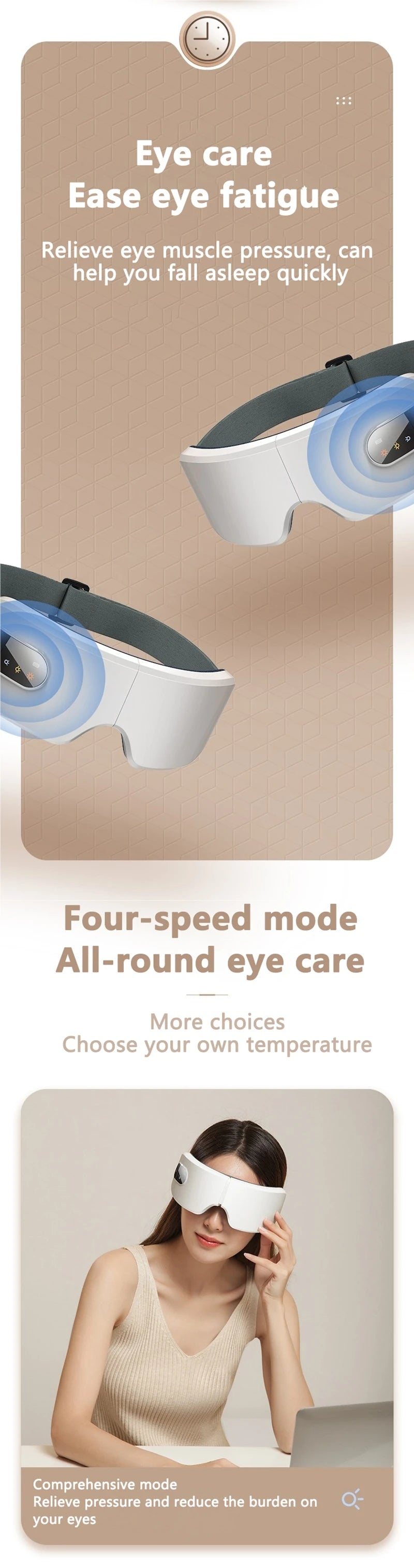 A woman is using a white eye mask for eye care and fatigue relief.