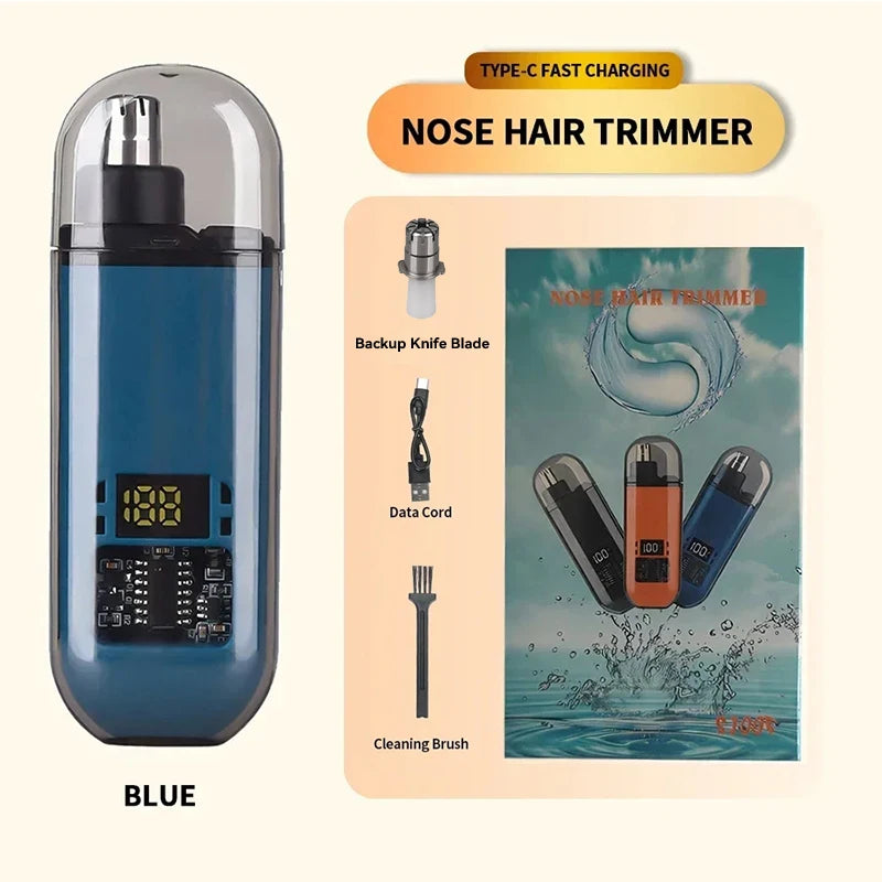 Blue Type-C fast charging nose hair trimmer with backup blade and cleaning brush