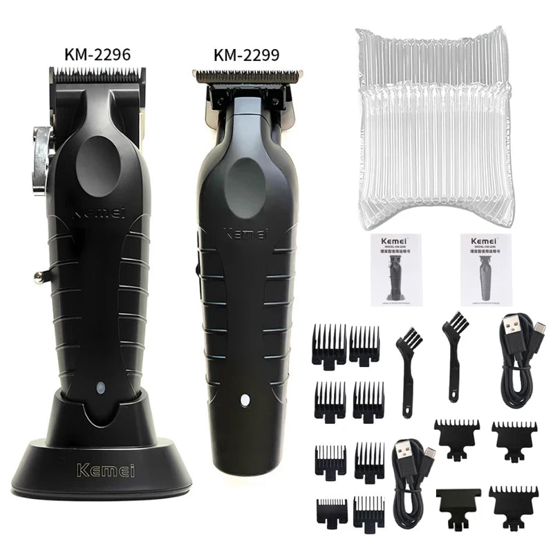 A set of black professional electric hair clippers and attachments for men