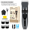 A professional electric hair clipper set shown with its box packaging and various attachments.