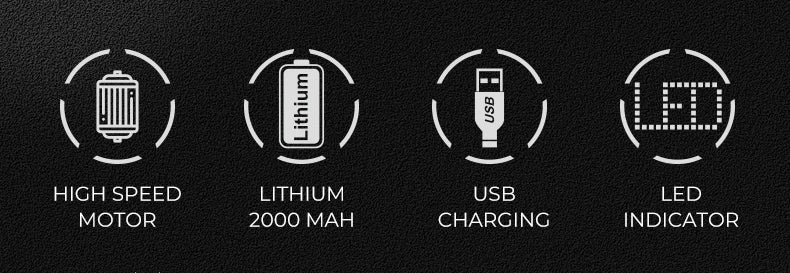 Icon set showing features of a professional electric hair trimmer including a high speed motor, lithium battery, USB charging