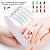 A hand holds a professional grit nail file with various shaped tips and a chart of nail shapes for DIY manicure