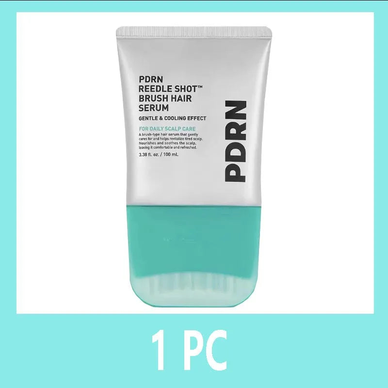 A tube of PDRN Reedle Shot Brush Hair Serum for daily scalp care in a light mint green color.