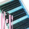 A pink and black lash extension kit with tools shown on a blue background.