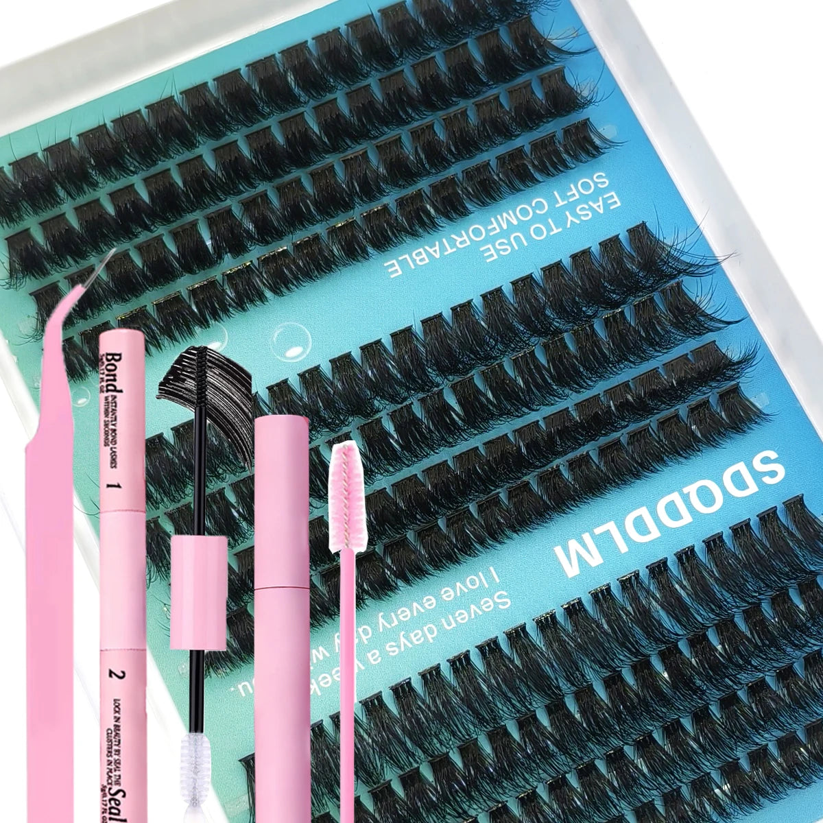 A pink and black lash extension kit with tools shown on a blue background.