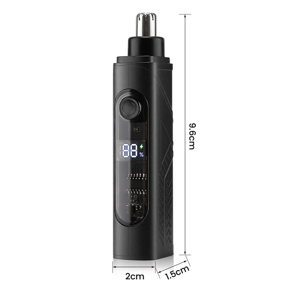 A black portable electric nose and ear hair trimmer with a protective cap.