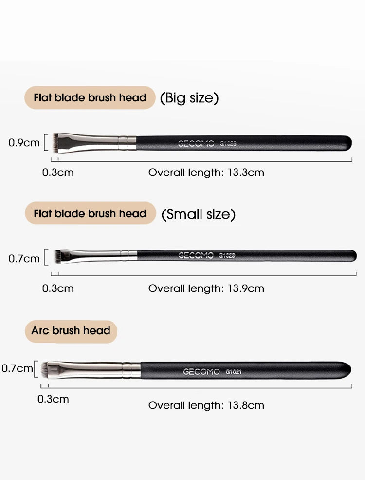 A set of three precision makeup brush heads: a big flat blade, a small flat blade, and an arc brush, all with black handles.