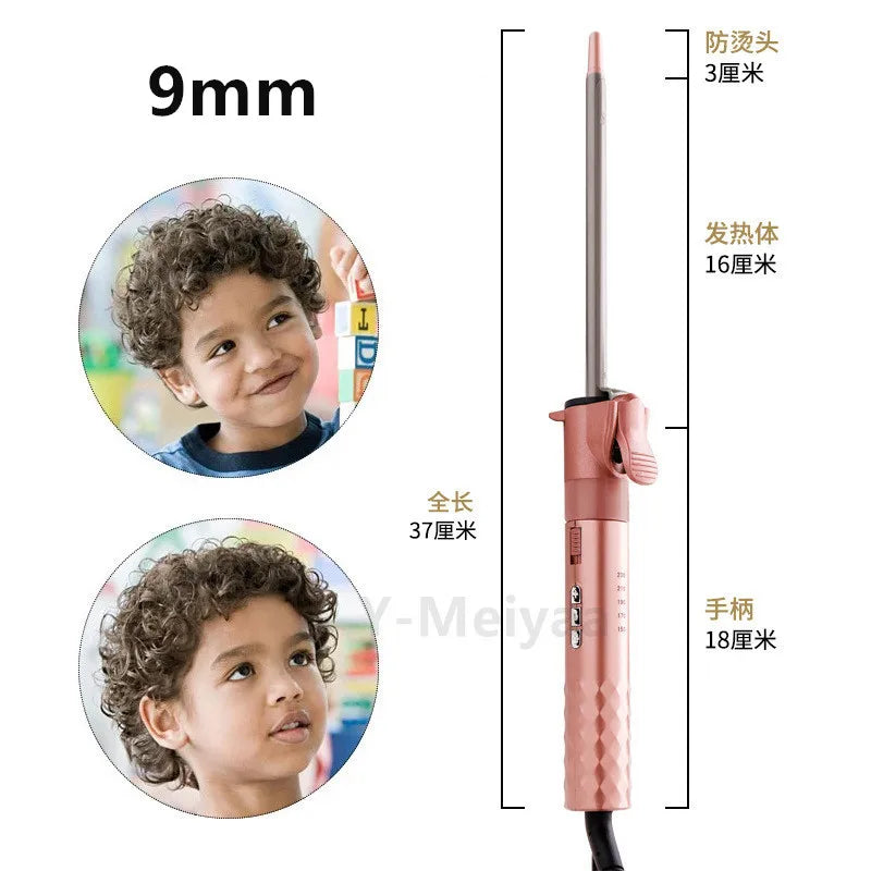 A vertical view of a pink ceramic hair curling iron with a 9mm barrel, showing its length and features.