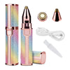 A pink and iridescent 2-in-1 rechargeable facial shaver and epilator with a detachable head and charging cable.