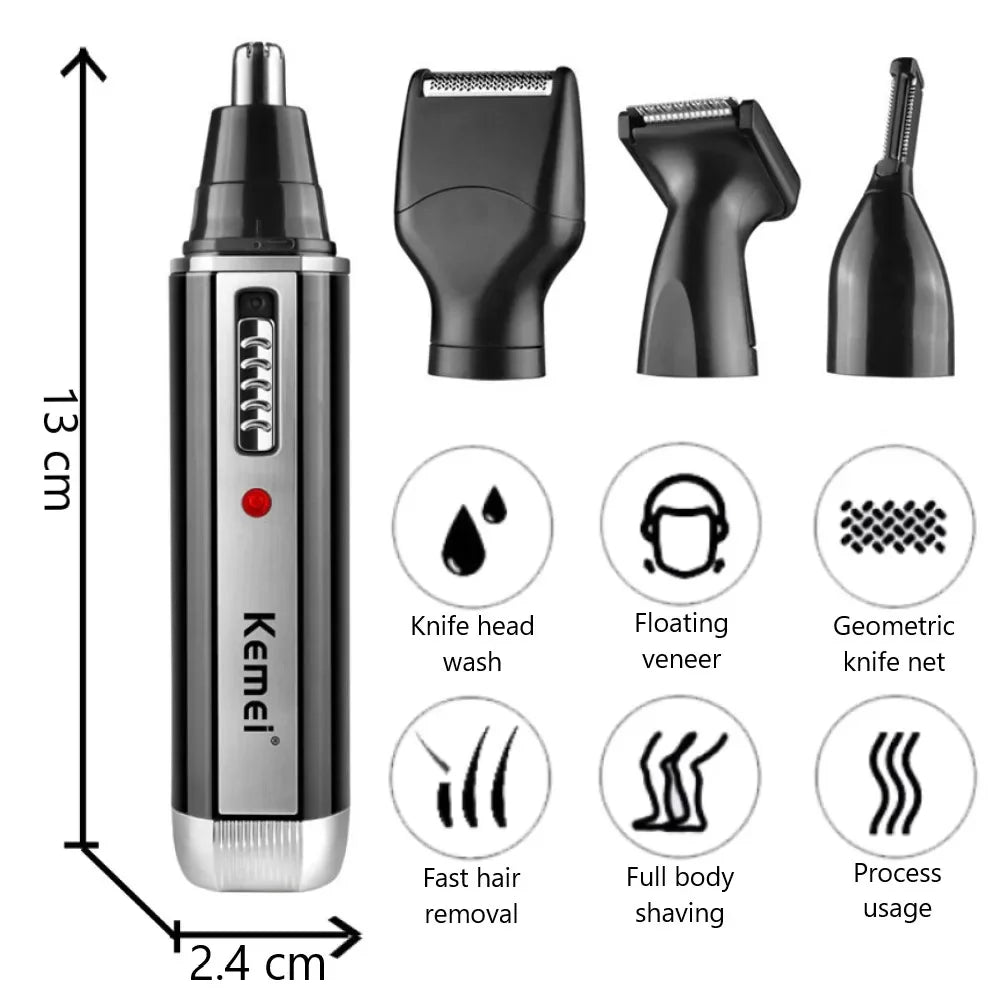 Vertikale Darstellung eines wiederaufladbaren Kemei 4-in-1 Trimmersets mit verschiedenen Pflege-Aufsätzen und Maßen.