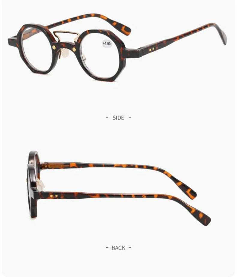 Une paire de lunettes rondes tortoiseshell, vues de face et de dos.