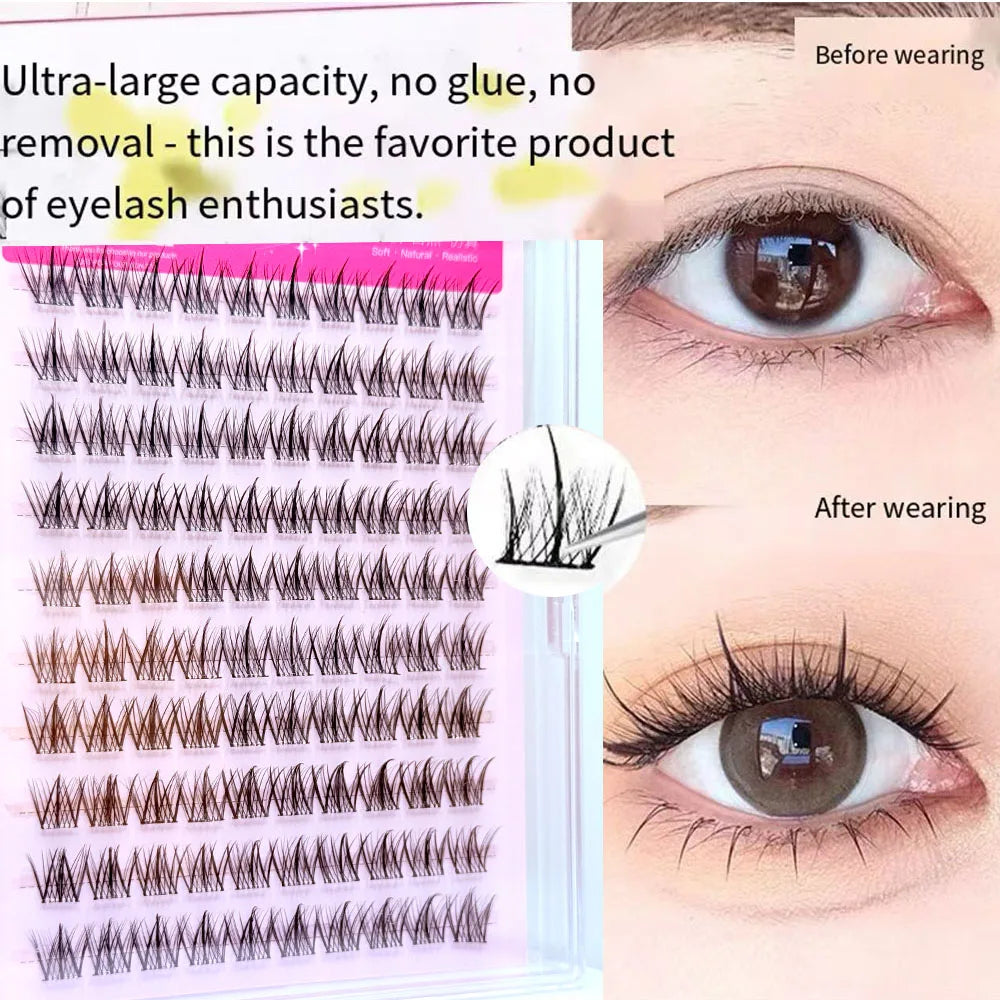 Close-up of false eyelashes showing before and after application on an eye.