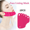 Pink silicone face listing mask set with five pieces shown next to a woman's face