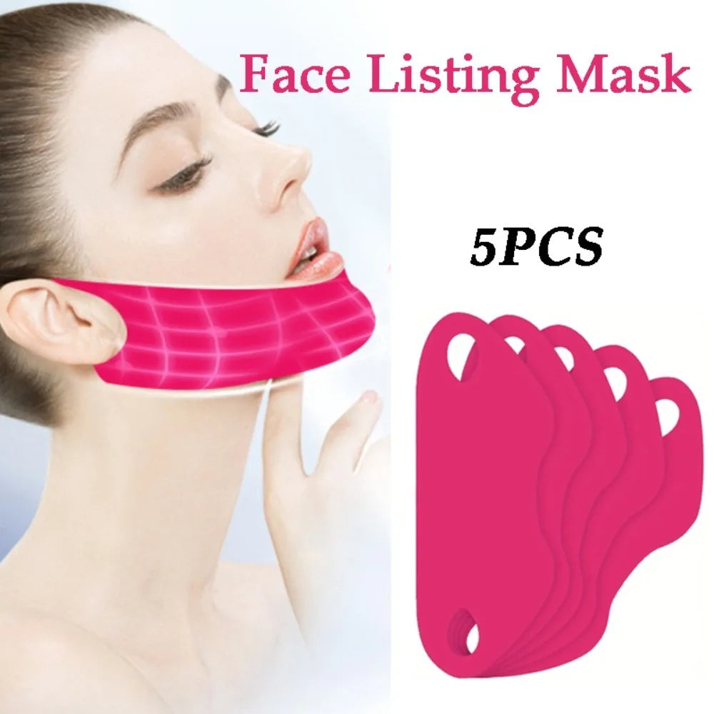 Pink silicone face listing mask set with five pieces shown next to a woman's face