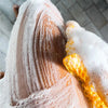 Close-up of a reusable exfoliating bath sponge washcloth with white foam and brown exfoliation lines.