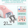 A pink electric epilator device and interchangeable tweezers are shown for hair removal.