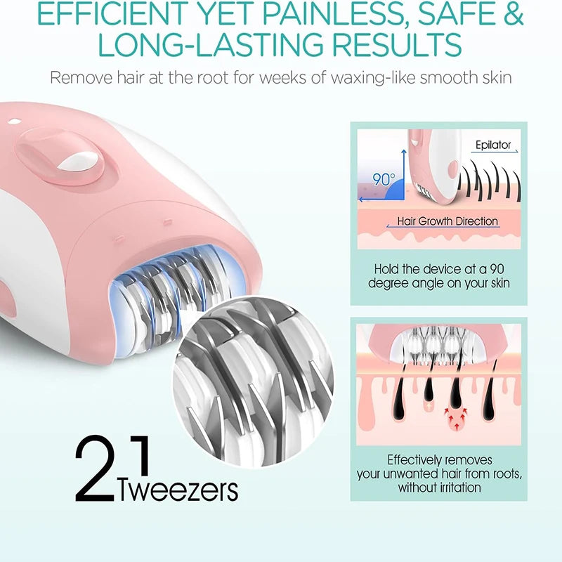 A pink electric epilator device and interchangeable tweezers are shown for hair removal.