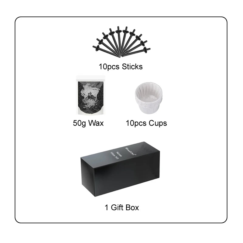 A gift box containing a Painless Nose and Ear Hair Removal Kit with 10 pieces of sticks, cups, and wax.